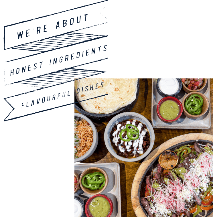Overhead view of Mexican food spread on a wooden table with a decorative banner reading "WE'RE ABOUT HONEST INGREDIENTS FLAVOURFUL DISHES." The meal includes flour tortillas in a cast iron pan, rice and beans in bowls, a dish with sour cream and jalapeños, various salsas and guacamole in small bowls, and a large wooden bowl containing what appears to be fajitas with peppers, onions, and cheese.